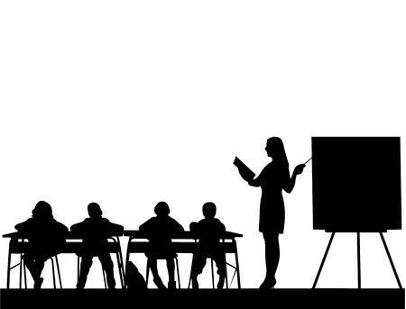 クラスで本を持つ若いセクシーな学校教師は あなたの学生のシルエットを教えます 似たような画像のシリーズの一つ のイラスト素材 ベクタ Image