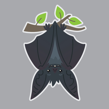 枝の上で逆さまに渡すバット シルエットのシレイヤーとフラットなスタイルで閉じた翼を持つコウモリ耳の灰色の生き物のベクトルイラスト ステッカー デザインを印刷します かわいいハロウィーンのコウモリの吸血鬼のアイコンのイラスト素材 ベクタ Image