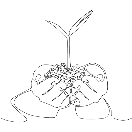 手に地面を持つ若い植物の1つの連続したラインベクトルのイラスト 白に隔離された芽を保持する手のひら のイラスト素材 ベクタ Image 手に地面を持つ若い植物の1つの連続したラインベクトルのイラスト 白に隔離された芽を保持する手のひら のイラスト素材 ベクタ Image