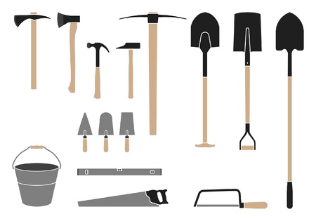 Herramientas Para La Obra Construcción, Pala, Martillo, Sierra Ilustraciones Svg, Vectoriales, Clip Art Vectorizado Libre De Derechos. 20841750.