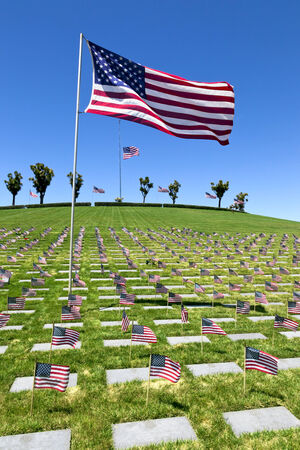 アメリカ国旗 墓石 花と棺の旗が軍の葬式サービスで一度発表各半分のマストで の写真素材 画像素材 Image