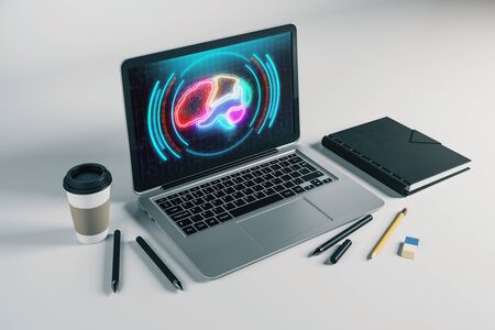 Laptop closeup with brain drawing on computer screen big data concept 3d rendering Stock Photo