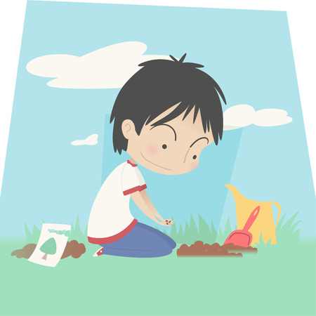 Little boy Planting seed of a future tree vector illustration