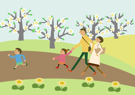 家族のトレッキング春の風景 春のイメージ 桜と家族 ハイキングのイメージ 短い旅行 春の風景 スプリングクリップアート のイラスト素材 ベクタ Image