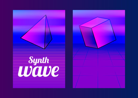 Synthwave poster, set of retro cover in 80s style, neon blue electro music flyer, retrowave background Stock Photo
