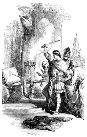 an engraved illustration image of alexander the great cutting