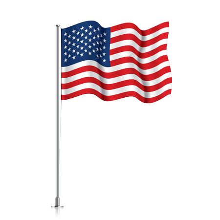 Usa flag on a metallic pole. official flag of the united states of america, isolated on a white background. waving us flag hanging on a pillar. vector illustration.