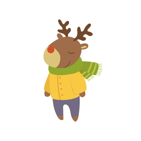 60085693 boy deer in yellow warm coat adorable cartoon character stylized simple flat vector colorful drawing on white background