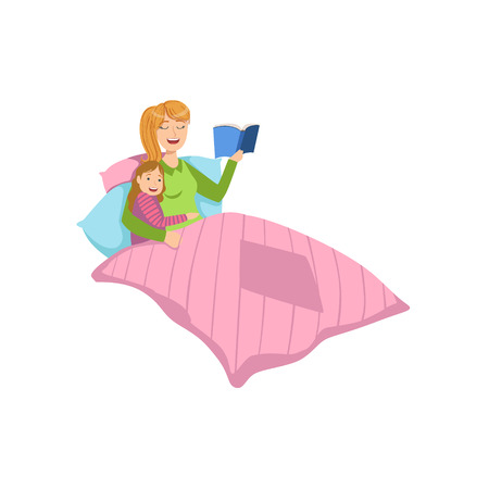 母と子の就寝時の話一緒にイラストをレディングします かわいいシンプルな未婚の母と彼女の子供の娯楽のスタイル図面の漫画します のイラスト素材 ベクタ Image