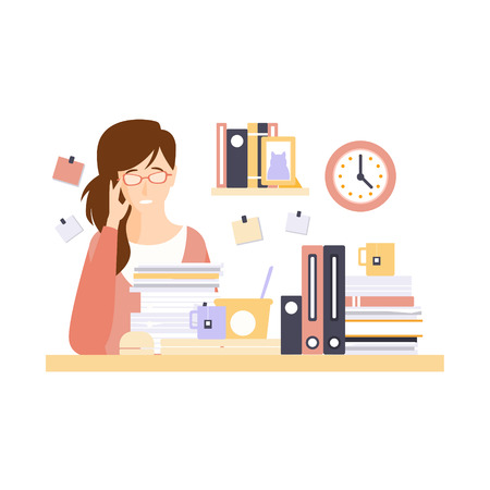 思考の女性会社員オフィス彼女の毎日ルーチンの状況漫画のキャラクターを持ちます 彼女の机で会社員とベクトル原始的なイラスト のイラスト素材 ベクタ Image