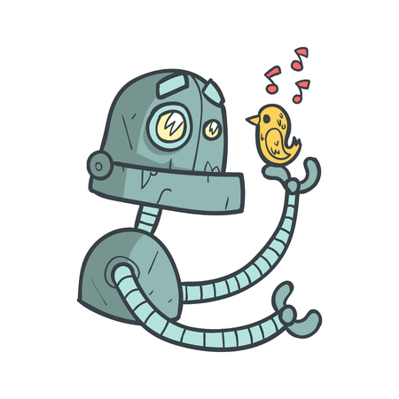 少し鳥歌う漫画を聞いて青いロボットにかわいい Android と彼の感情の図が記載されています のイラスト素材 ベクタ Image