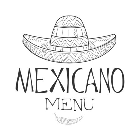Restaurant mexican food menu promo sign in sketch style with sombrero hat and chili pepper , design label black and white template