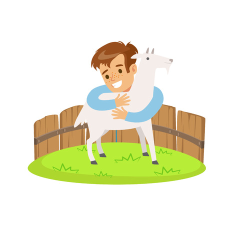 ミニ動物園の白いヤギを抱きしめる幸せな少年 カラフルな漫画のキャラクター ベクトル イラスト白背景に分離 のイラスト素材 ベクタ Image