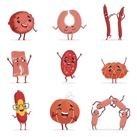 手 足 幸せそうな顔とソーセージのチェーン 肉の友人の文字 フラット ベクトル イラスト デザイン メニューの食品市場や肉屋店チラシのイラスト素材 ベクタ Image