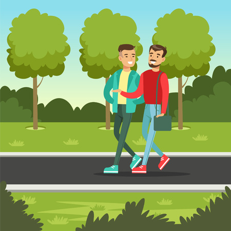 公園を歩いている二人の男友達が話して微笑む 友情の概念ベクトルイラスト ウェブバナー のイラスト素材 ベクタ Image