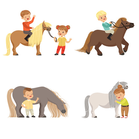 かわいい小さな子供をポニーに乗って 馬に一連の世話 乗馬スポーツ ベクトル イラスト のイラスト素材 ベクタ Image