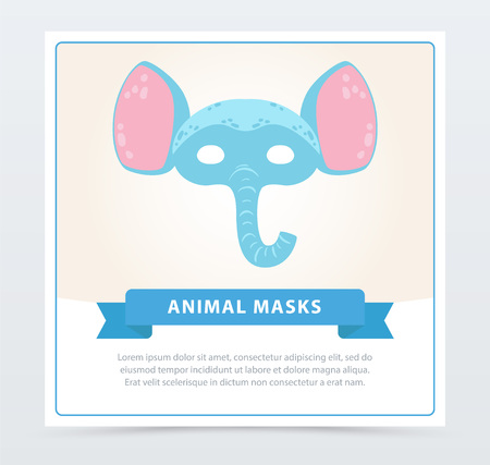 大きな耳を持つブルー エレファントの変な動物顔 仮面舞踏会のファンシー子供のマスクです フラット スタイルのカラフルなベクトル イラスト 楽しいパーティーのシンボル 招待状 グリーティング カードやチラシをデザインします のイラスト素材 ベクタ Image