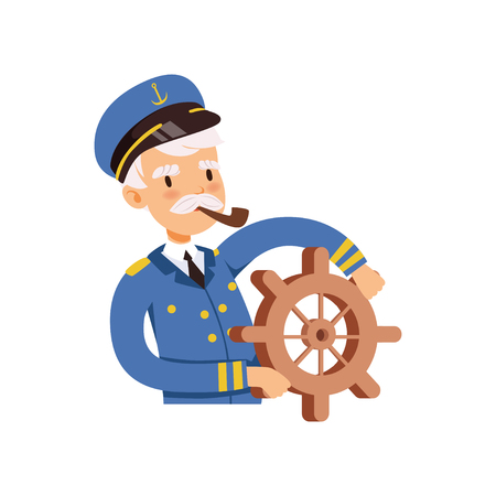 車輪の後ろのキャプテンキャラクター 青い制服を着た船員が白い背景にイラスト のイラスト素材 ベクタ Image