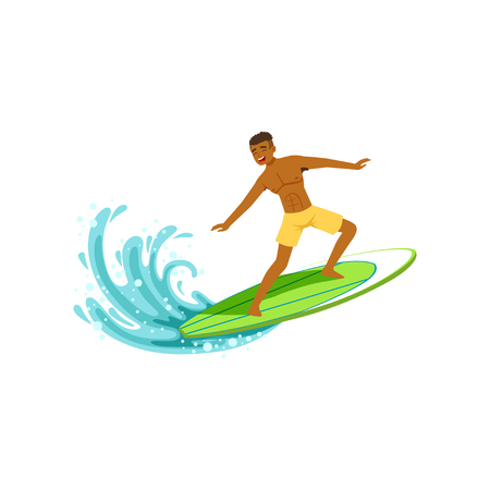 幸せなアフリカ系アメリカ人の男性サーフィン 水極端なスポーツ 夏の休暇ベクトル白い背景にイラスト のイラスト素材 ベクタ Image