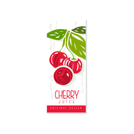 Natural cherry juice label template sweet fruit product delicious summer drink vertical promo banner or card