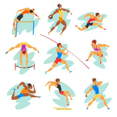 Flat vector set of professional athletes in different actions. young muscular guys in sportswear. active people. Stock Photo