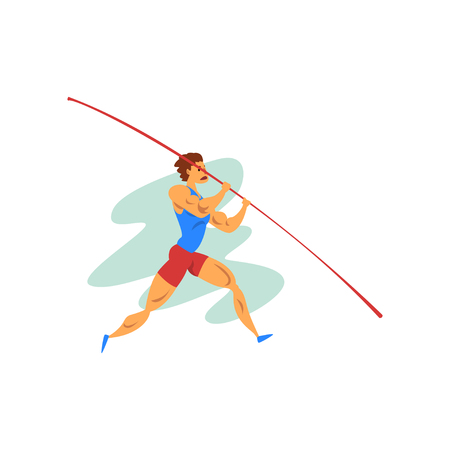 Male athlete jumping with a pole, professional sportsman at sporting championship athletics competition vector illustration isolated on a white background.