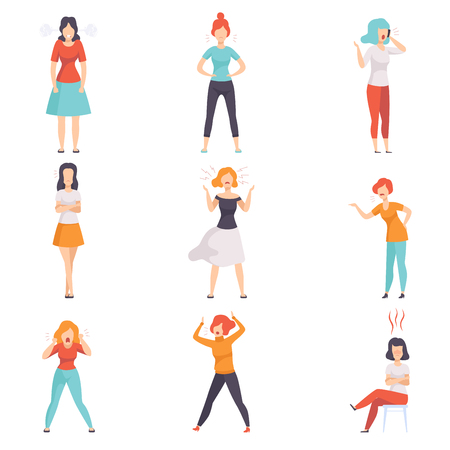 Casually dressed furious young women set, emotional people in rage vector Illustrations isolated on a white background.