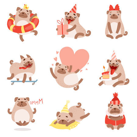 Cute funny pug dog, adorable beige pet animal character in different situations set vector illustration