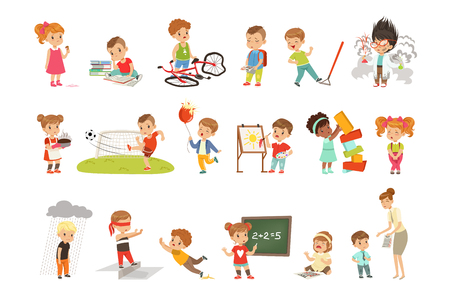 Childrens failures and mistakes set, frustrated kids experiencing their failures vector illustrations isolated on a white background.