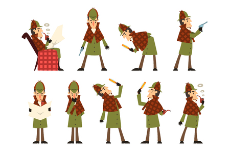 Set with Sherlock in different actions thinking, reading newspaper, smoking pipe, looking into magnifying glass, standing with gun in hand. Detective in hunting cap and raincoat. Flat vector design. Vector Illustration