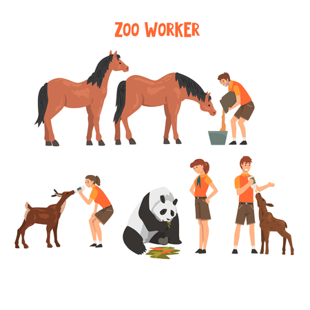 Zoo workers feeding and caring of animals, professional zookeepers characters vector illustration