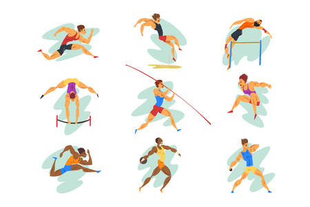 Flat vector set of professional athletes in different actions. young muscular guys in sportswear. active people. Stock Photo