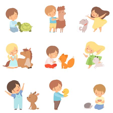 Cute little children playing with playing, hugging and feeding animals, kid interacting with animal in contact zoo cartoon vector illustration on white background. Stock Photo