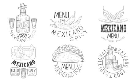 Mexicano food hand drawn retro labels set, traditional spicy menu monochrome badges vector illustration Stock Photo