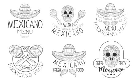 Mexicano menu traditional cuisine hand drawn retro labels set, fresh and spicy food monochrome badges vector illustration Stock Photo