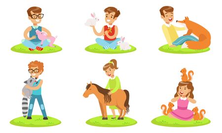 Happy children and cute animals in petting zoo set, boys and girls playing, feeding and hugging with piglet, rabbit, fox, raccoon, pony, squirrel vector illustration on white background.