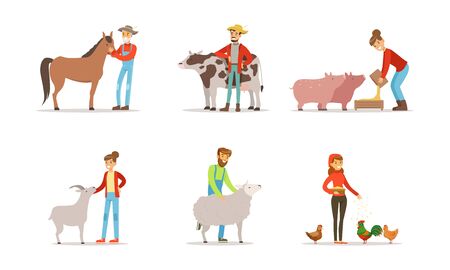 Man and woman farmers taking care about domestic animals on the farm vector illustrations set.