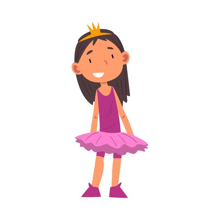 Girl wearing ballerina costume and crown, cute kid playing dress up game cartoon vector illustration on white background.