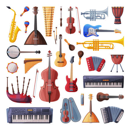 Ensemble d'instruments de musique, violoncelle, violon, guitare, balalaika, tambour, xylophone, saxophone, harmonica, maracas, synthétiseur, accordéon illustration vectorielle de style plat