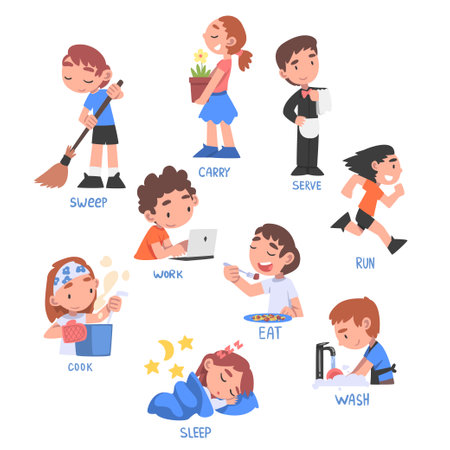 Action verbs set, children education concept, cute kids doing activities cartoon style vector illustration Action verbs set, children education concept, cute kids doing activities cartoon style vector illustration