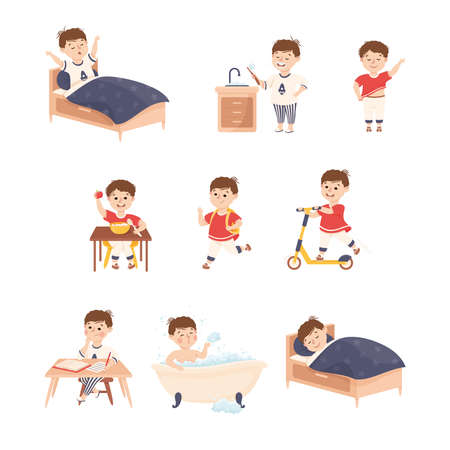 Little boy engaged in daily activity and everyday routine vector set