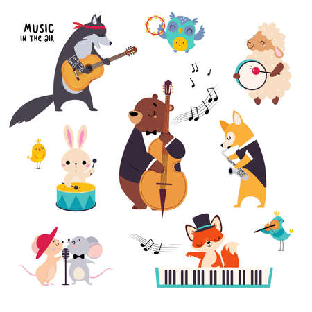 Personnages animaux mignons jouant des instruments de musique exécutant un ensemble de vecteurs de concert Banque d'images