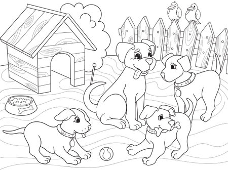 childrens coloring book cartoon family on nature mom dog and