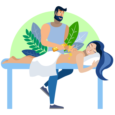 The process of massage, the girl on the couch. In minimalist style Cartoon flat Vector Illustration - 124573876