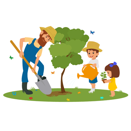man and the children plant trees in the park. vector