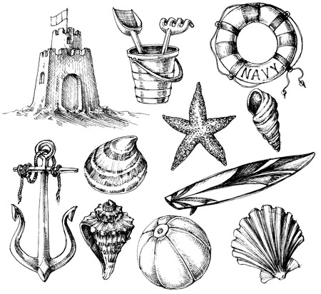 Summer collection, marine life and beach toys drawings - 43124895