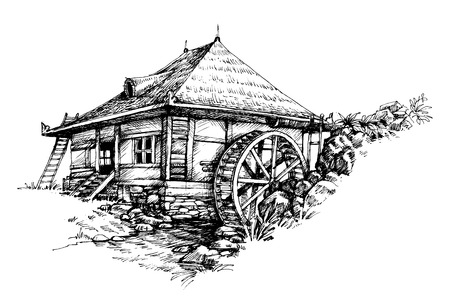 水車小屋の手描きの功妙な図のイラスト素材 ベクタ Image 水車小屋の手描きの功妙な図のイラスト素材 ベクタ Image