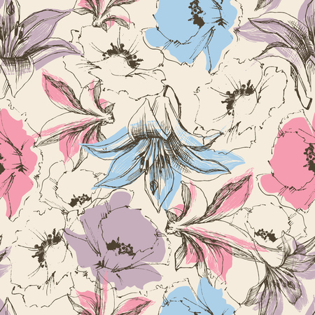 Floral seamless pattern, lilies and poppy print on paper or textile support