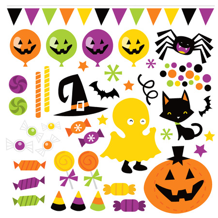 A vector illustration of whimsical fun retro halloween trick or treat design elements like candies, pumpkin, cat, and more. Ideal for party invitations, T-Shirts, web pages, desktop publishing, embroidery templates for digitizing, graphic design, holiday Vector Illustration