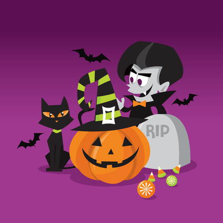 漫画はベクトル ハロウィンのイラストやシーン ジャック O ランタン ドラキュラ いくつかのコウモリ 黒猫 墓石 いくつかのハロウィーンのお菓子を扱います のイラスト素材 ベクタ Image